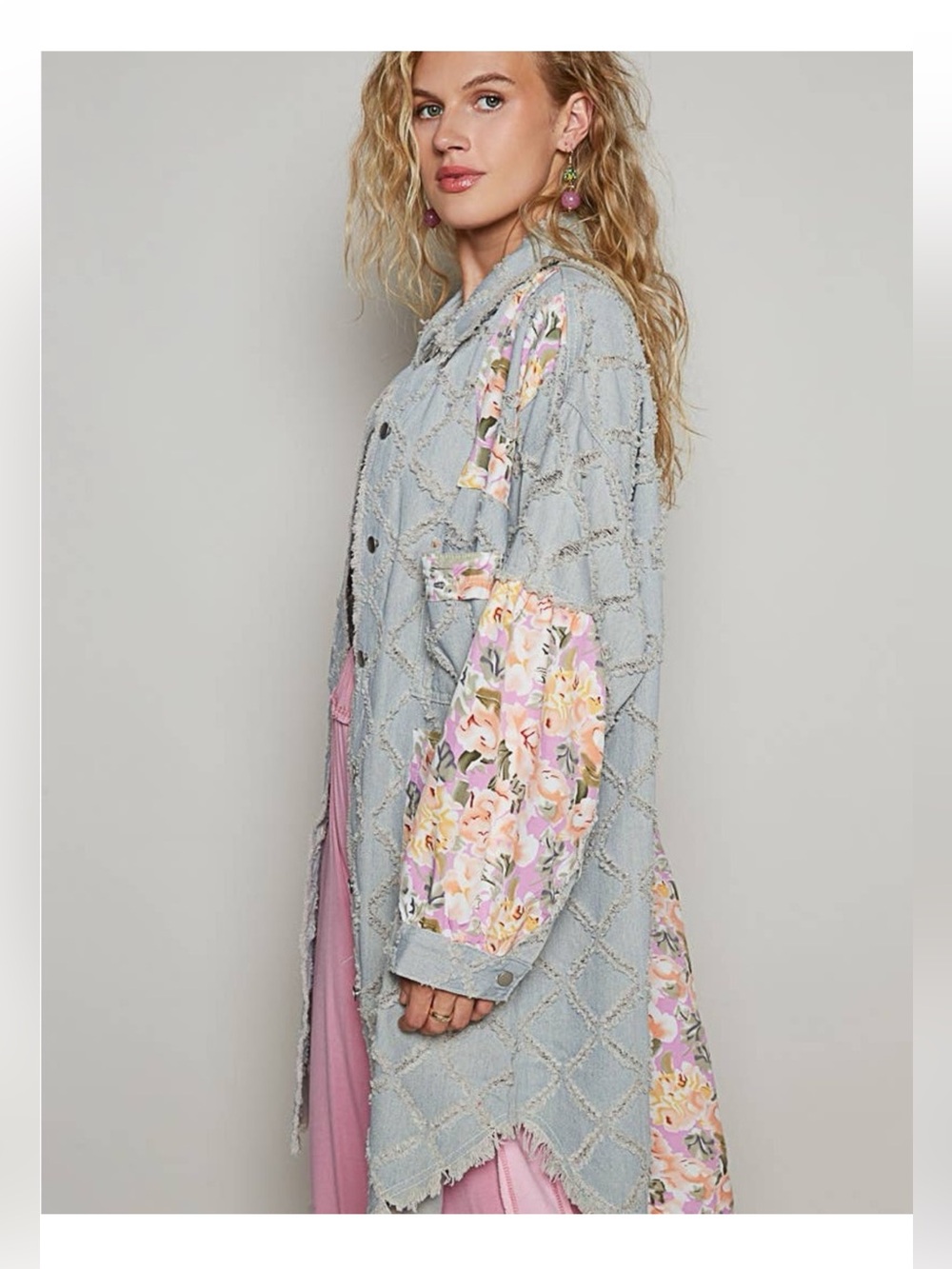 POL Pastel Floral Patchwork Shaggy Denim Duster Jacket Light Blue & Pink Sz M - Picture 6 of 6